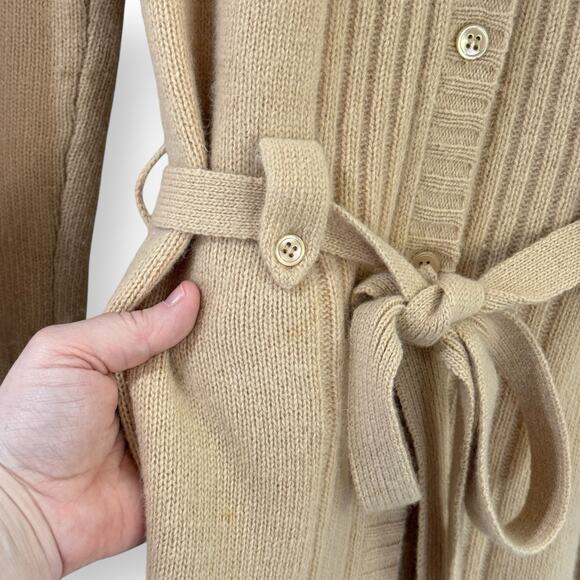 BCBG MAXAZRIA Tan Knit Button Up Belted Hooded Cardigan Sweater Size S Lambswool - Picture 9 of 10